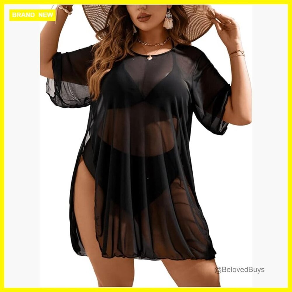 Plus Size Sheer Mesh Swimsuit Coverup Dress Split Thigh Beach Cover Up